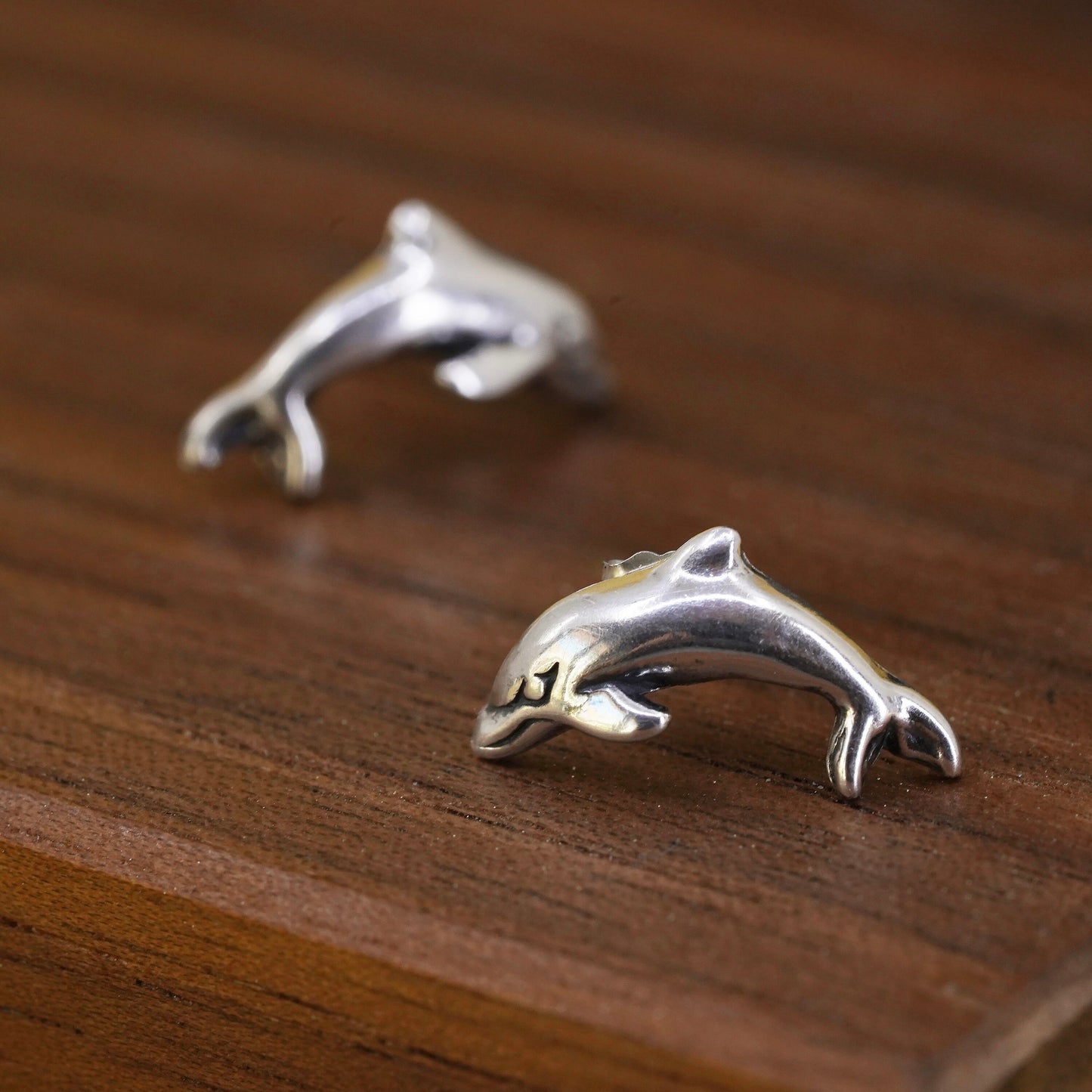 Vintage Sterling silver handmade earrings, 925 dolphin studs