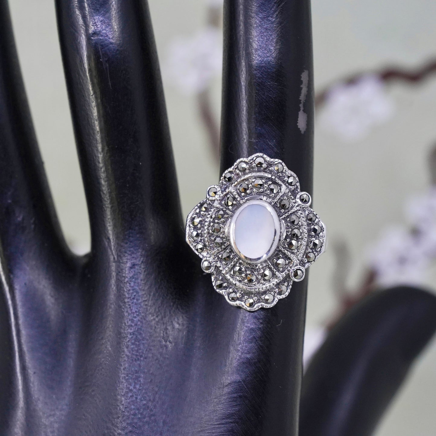 Size 8.25, sterling silver Southwestern 925 ring mother of pearl and marcasite
