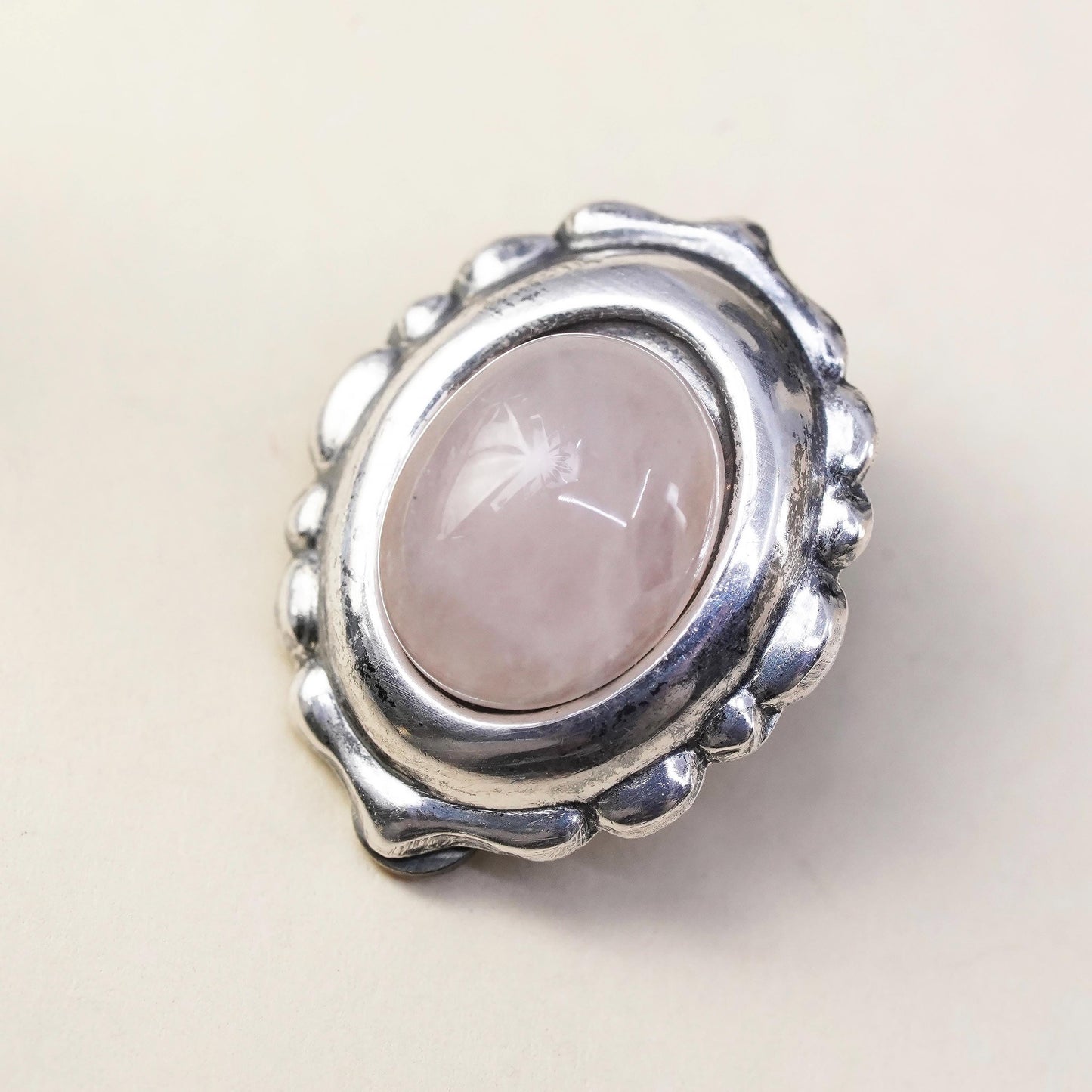 Vintage sterling silver handmade single earring, 925 clip on pink rose quartz