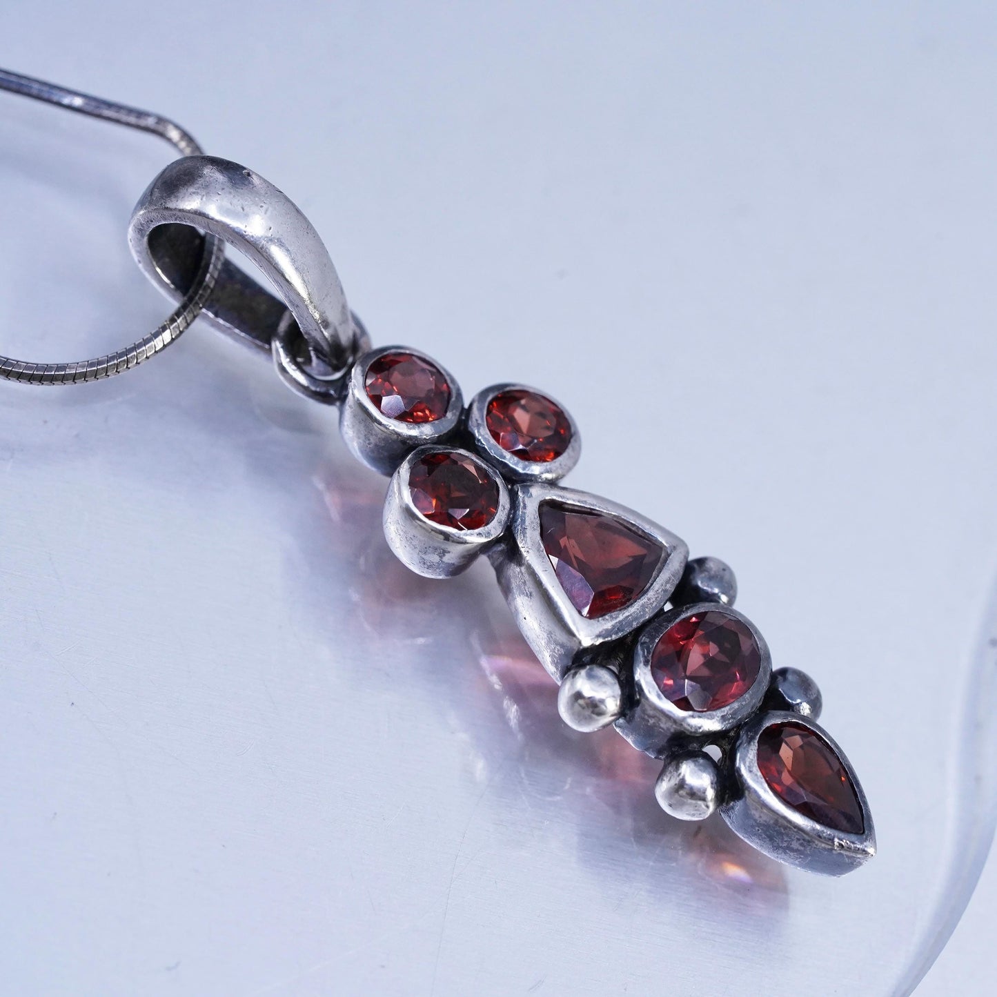 16", Vintage sterling 925 Silver snake chain necklace with garnet pendant