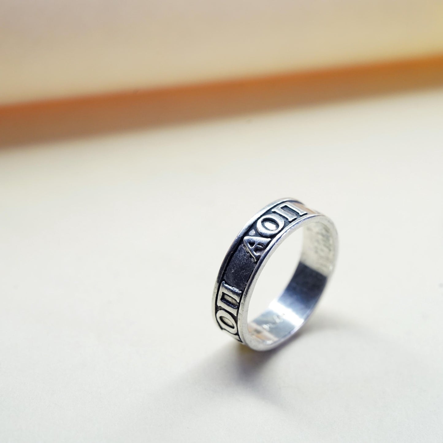 Size 6, Sterling 925 Silver Letter Band Ring | Raised Alphabet alpha omicron pi