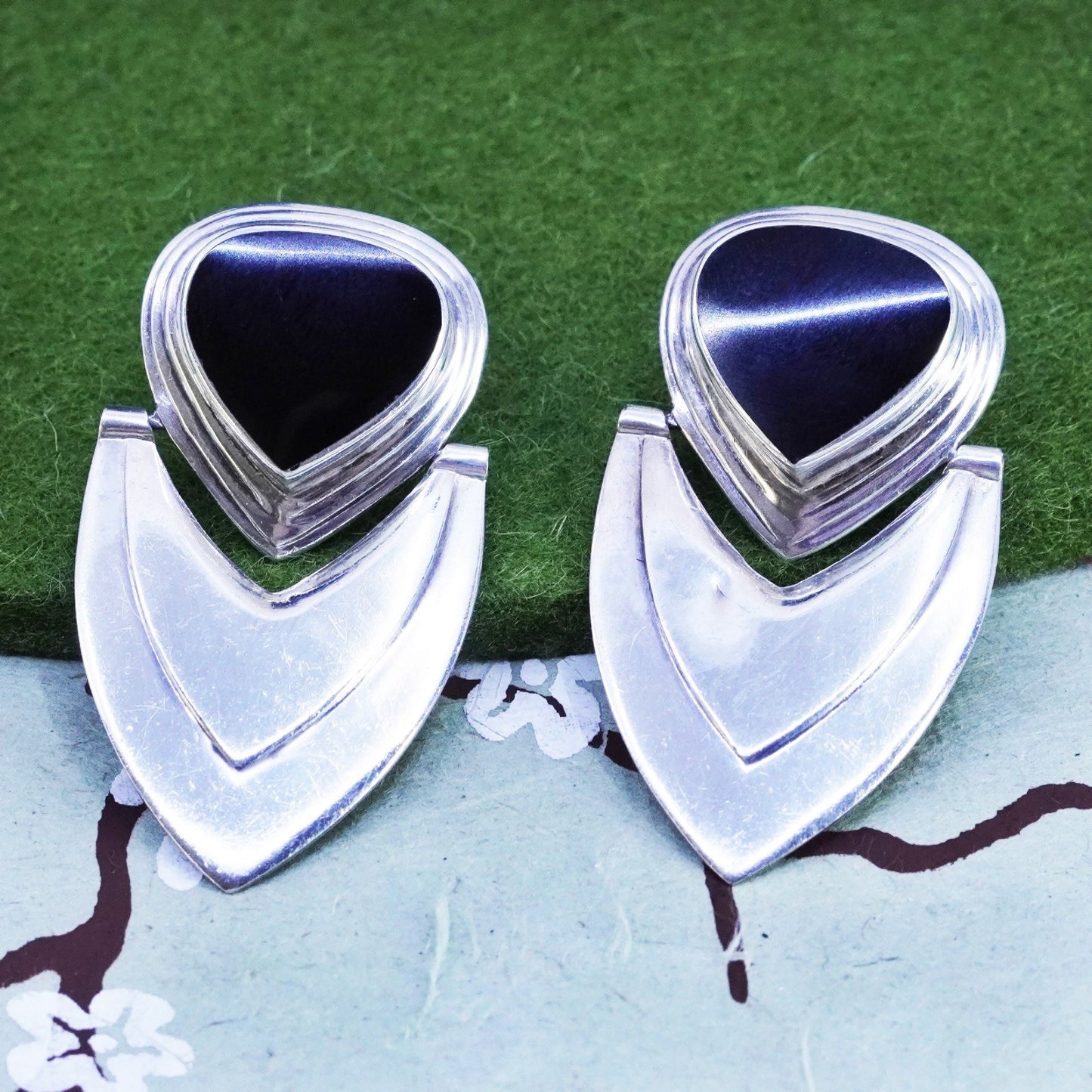 sterling 925 silver earrings, teardrop shaped black onyx, handmade southwestern