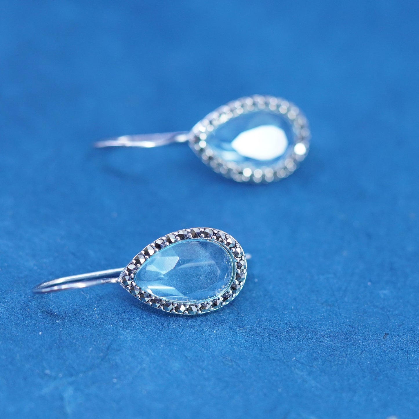 sterling 925 silver handmade teardrop earrings with blue crystal and marcasite