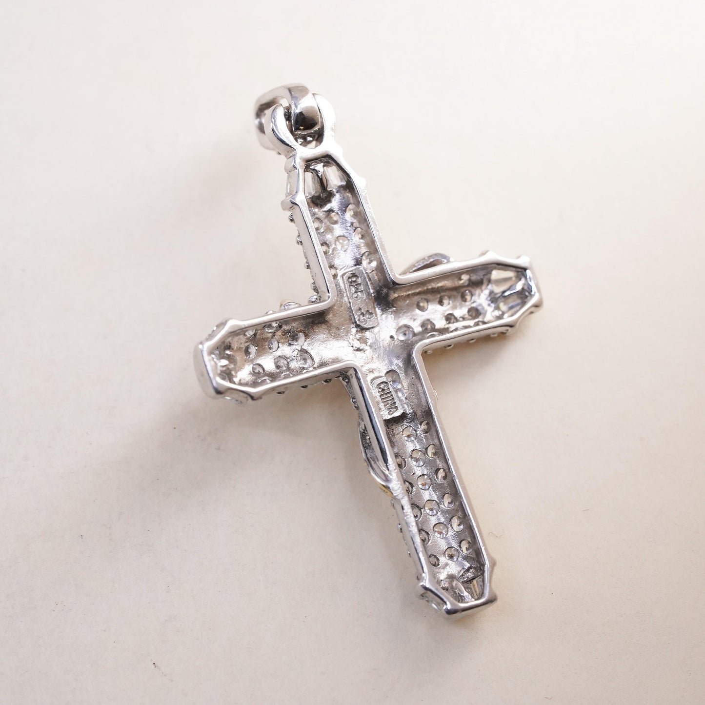 Vintage sterling silver pendant, 925 cross with cluster Cz and gold vines