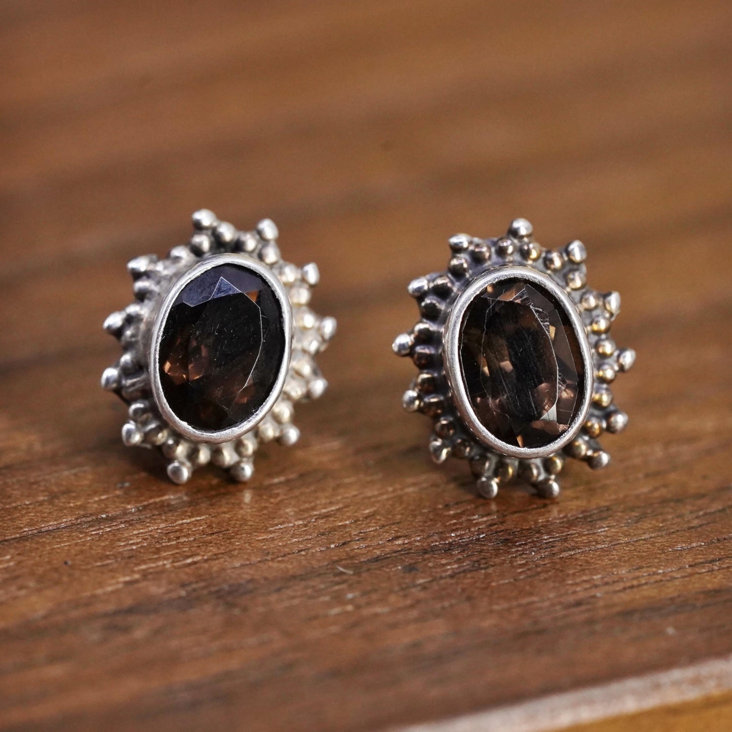 Vintage Sterling 925 silver handmade oval studs earrings smoky quartz and beads