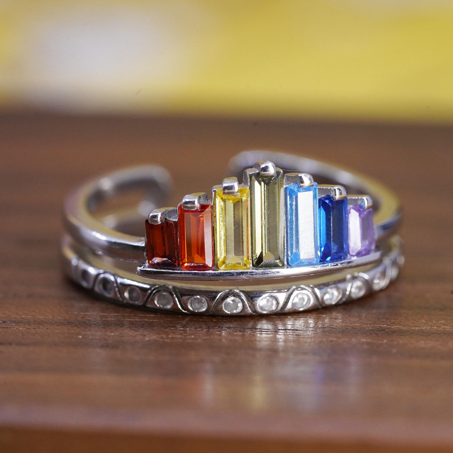 Rainbow Baguette Sterling Silver 925 Rings, Rainbow Crown Ring, Pride Jewelry