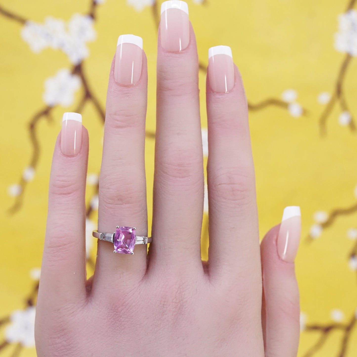Size 7.25, vintage Sterling silver handmade ring, 925 band pink white sapphire