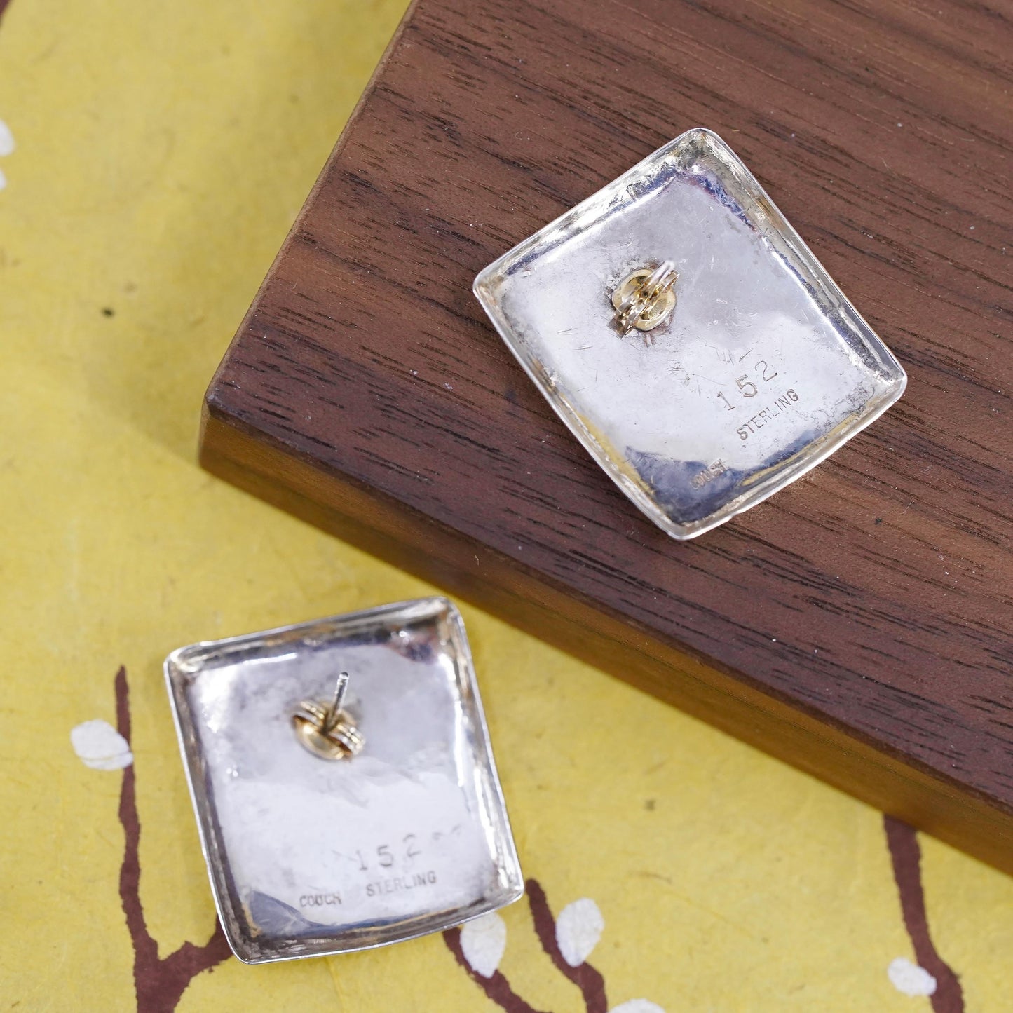 Vintage Sterling silver handmade earrings, textured 925 rectangular studs