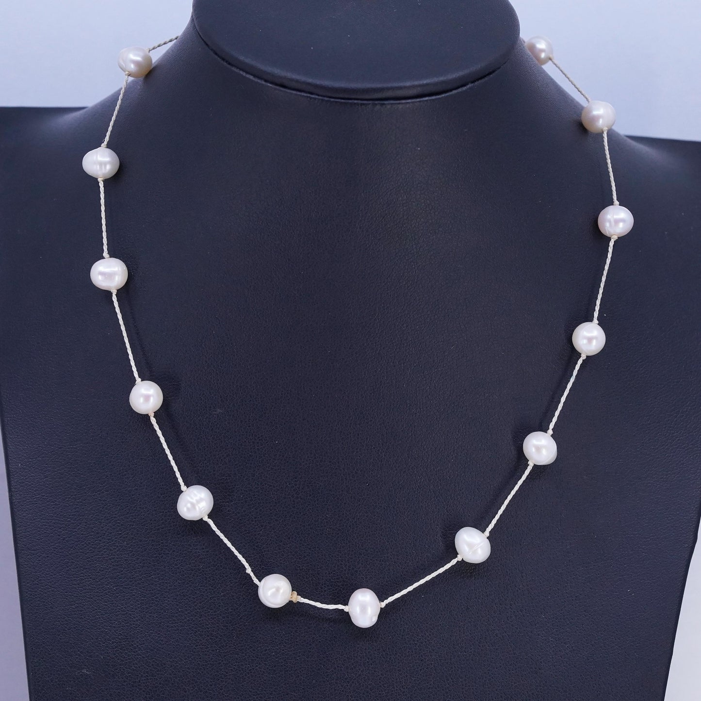 16" Vintage Sterling 925 silver necklace with 8mm freshwater Pearl linen thread