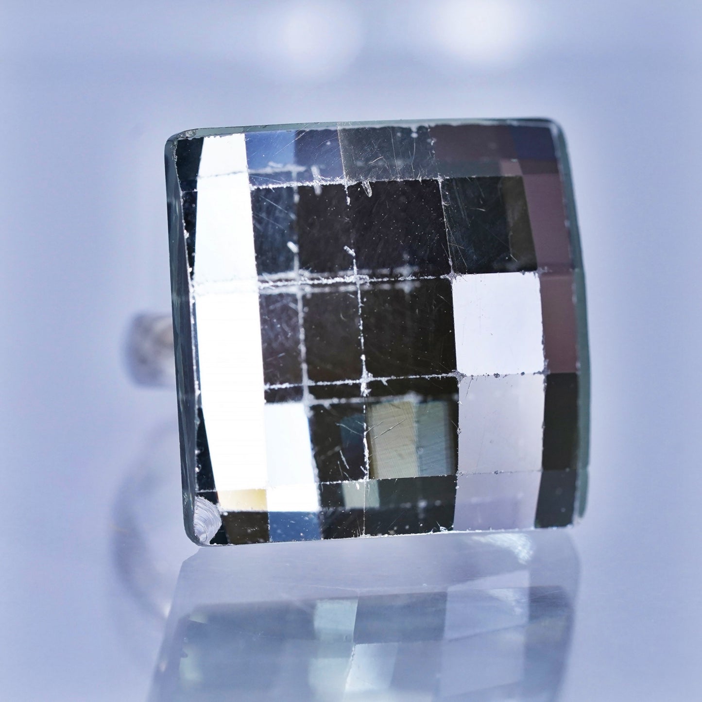 vintage Mexican Sterling 925 silver wavy ring with checkerboard cut glass