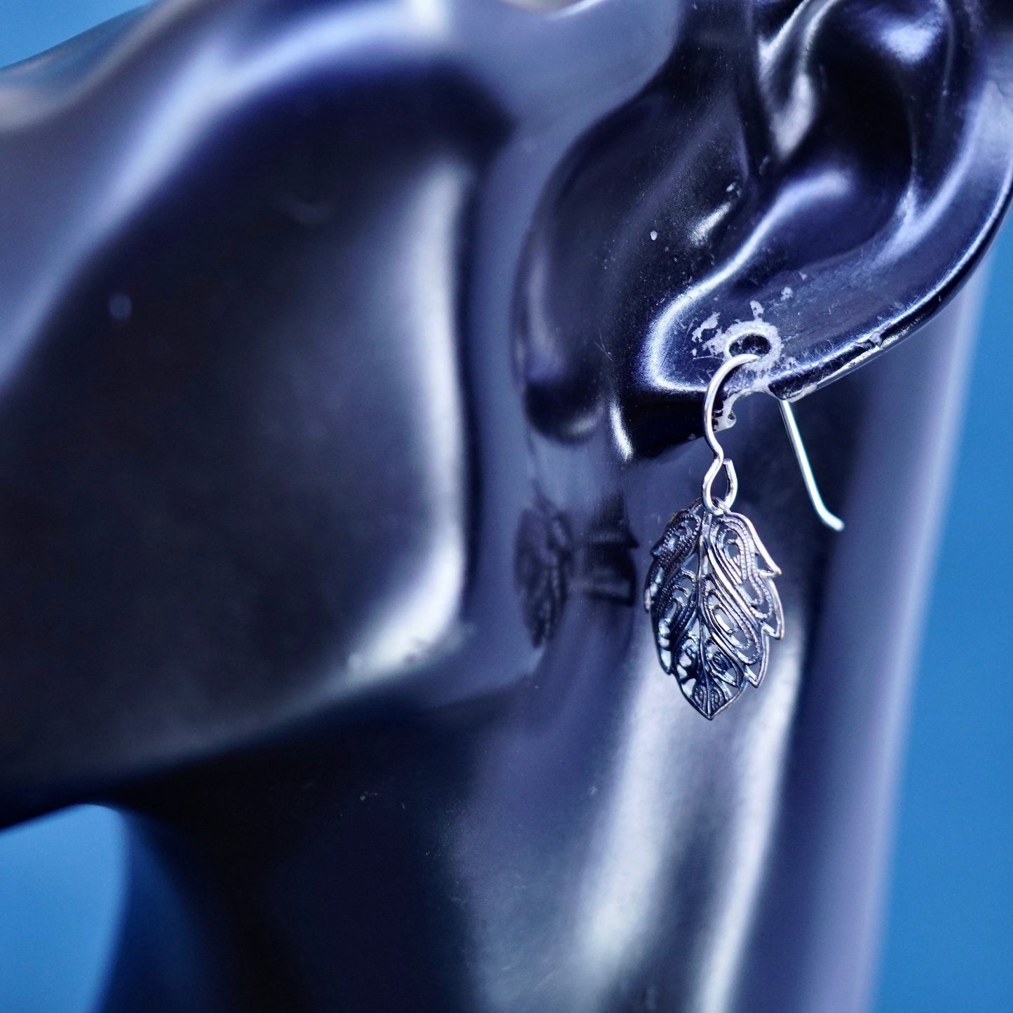 Vintage sterling silver handmade earrings, 925 filigree leaf drop