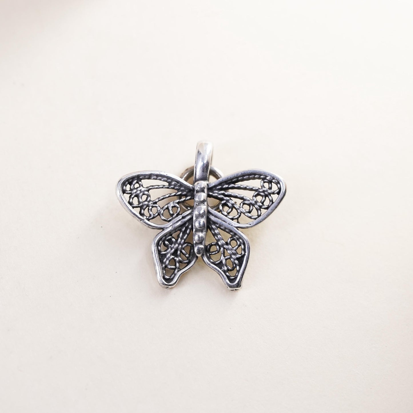 Vintage sterling silver filigree butterfly pendant, 925 handmade charm