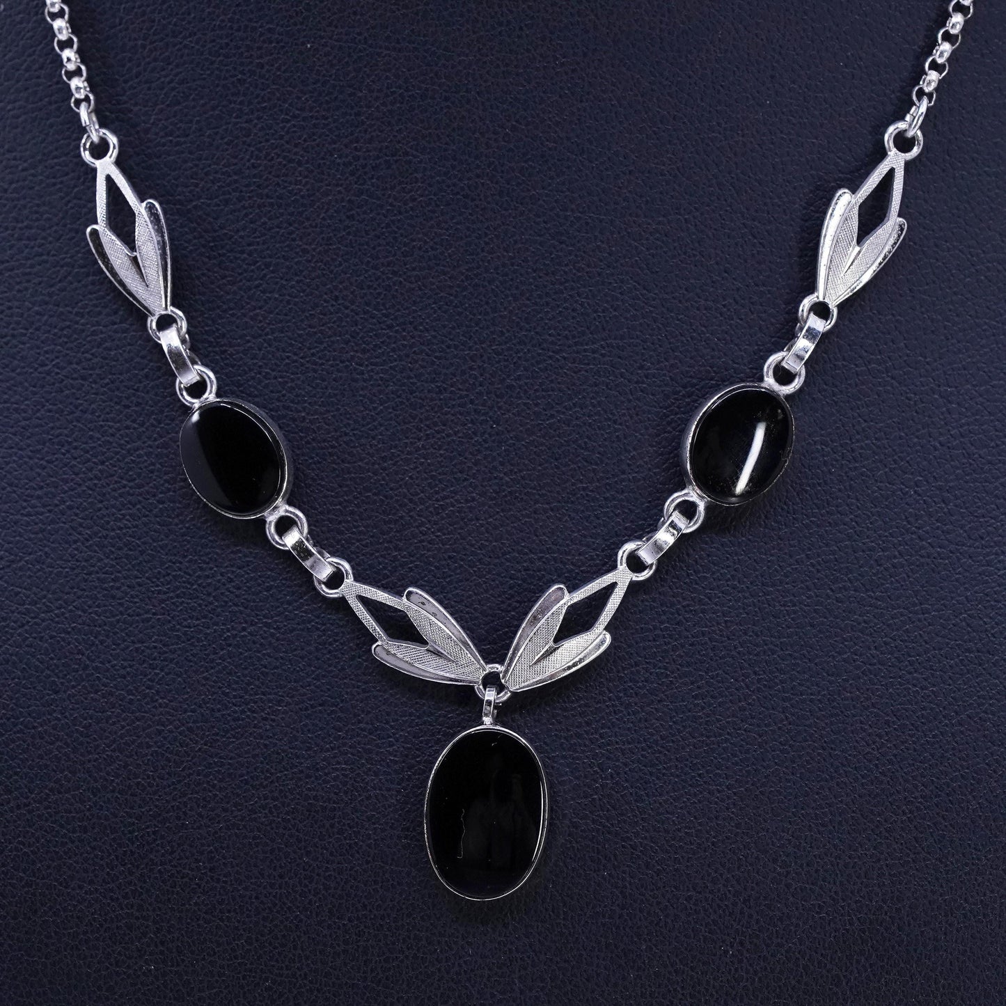 16”, vintage Sterling 925 silver handmade circle chain necklace onyx pendant