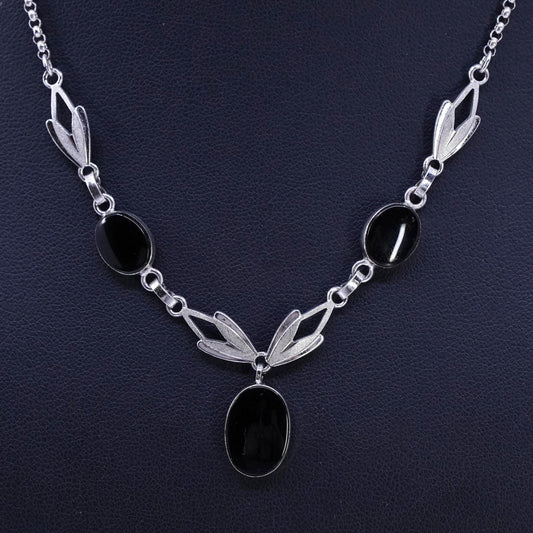 16”, vintage Sterling 925 silver handmade circle chain necklace onyx pendant
