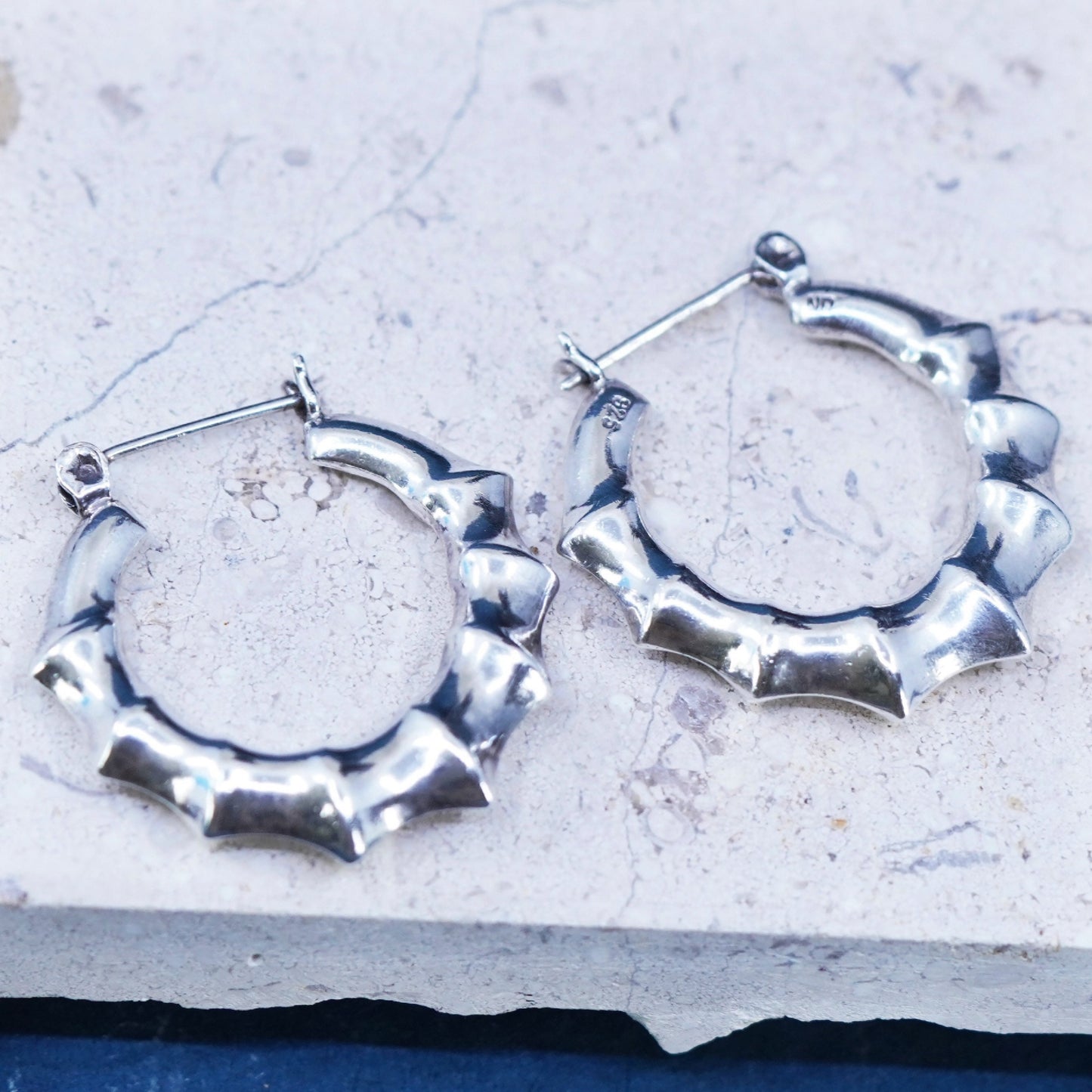1.25”, Sterling silver handmade hoop earrings, 925 bamboo textured huggie