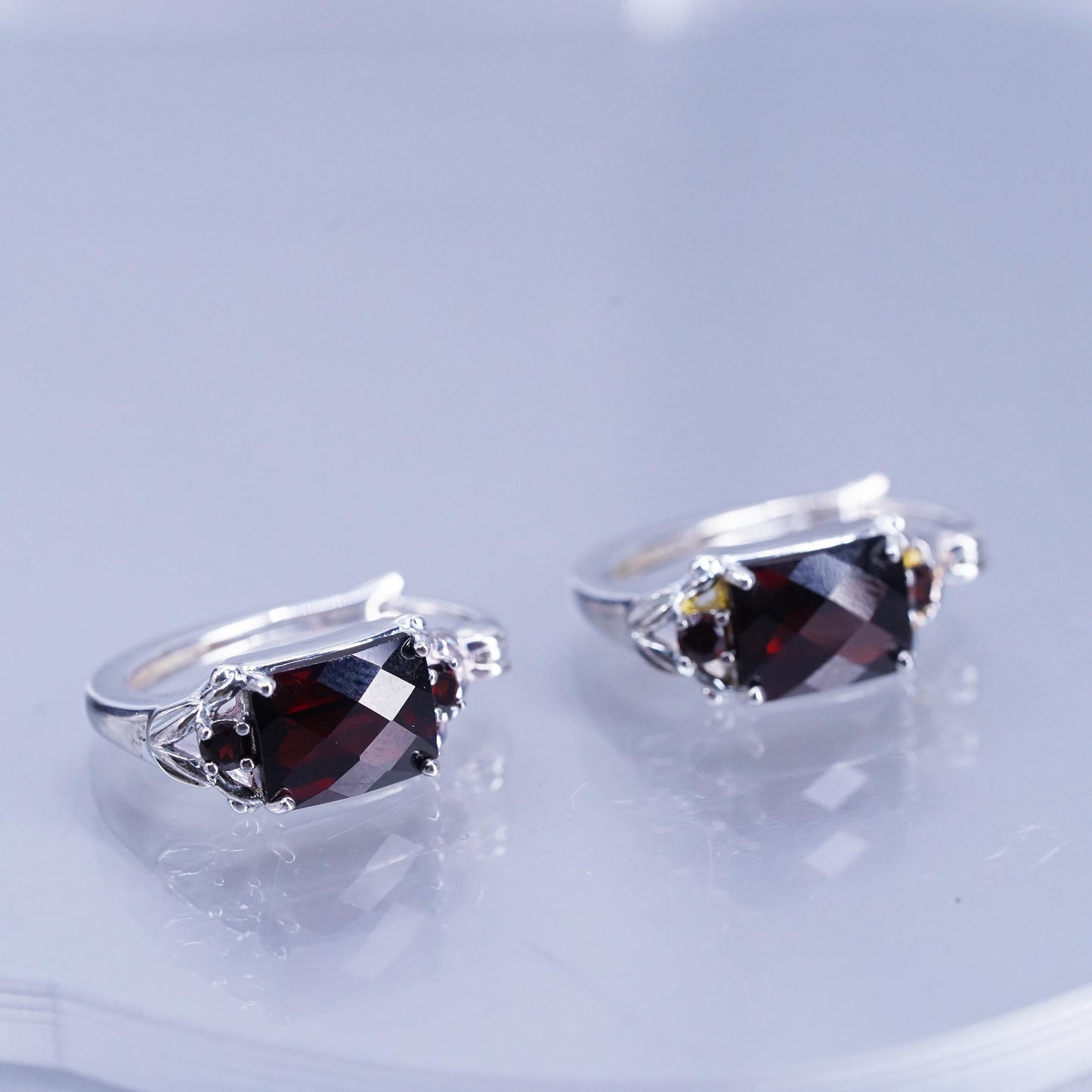 0.75”, vintage fashionable Sterling silver earrings, 925 Huggie hoops garnet