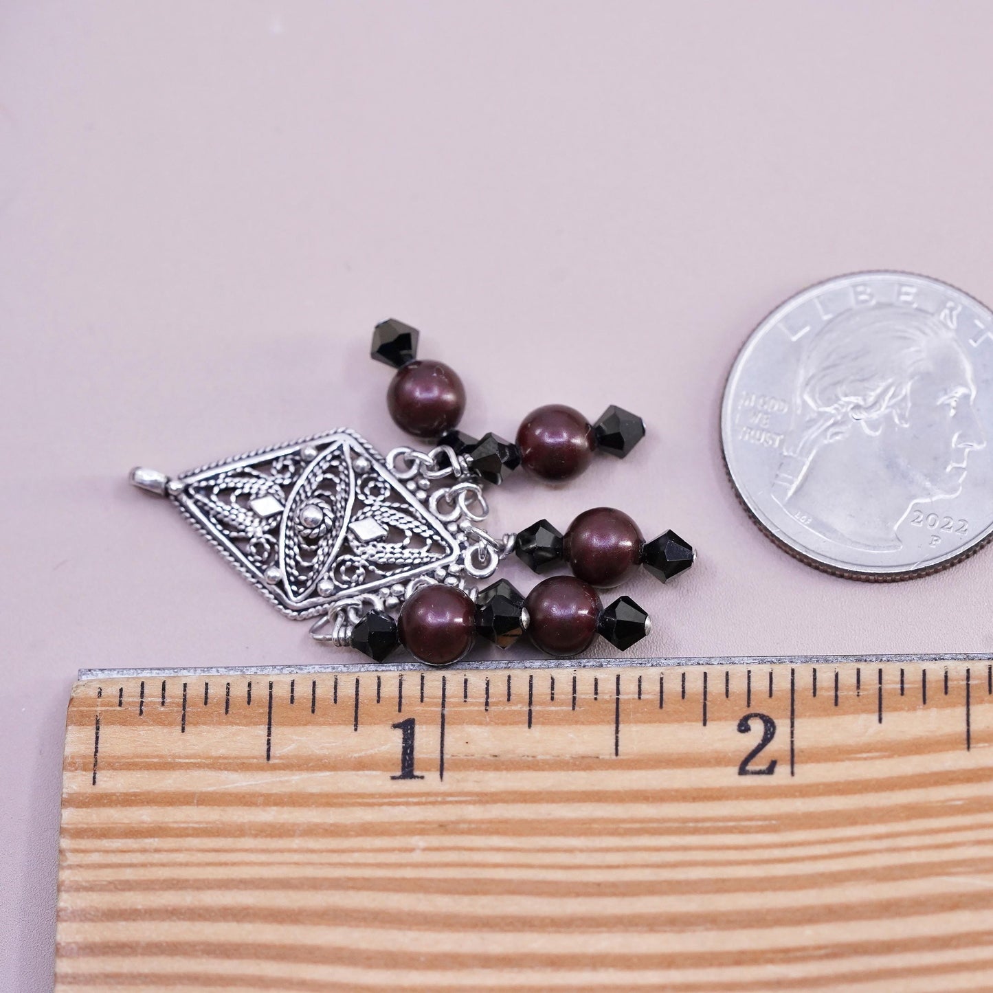 Vintage Sterling silver handmade pendant, 925 filigree charm with pearl beads