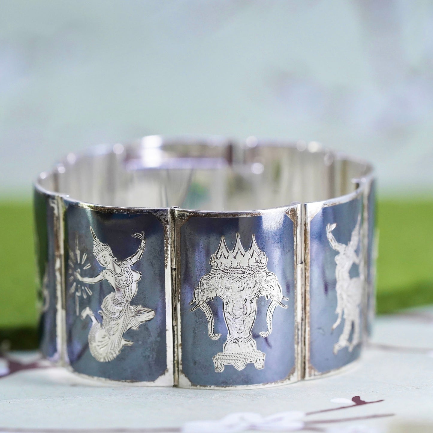 6”, Indian Siam Alex Co 925 sterling silver wide bracelet engraved goddess