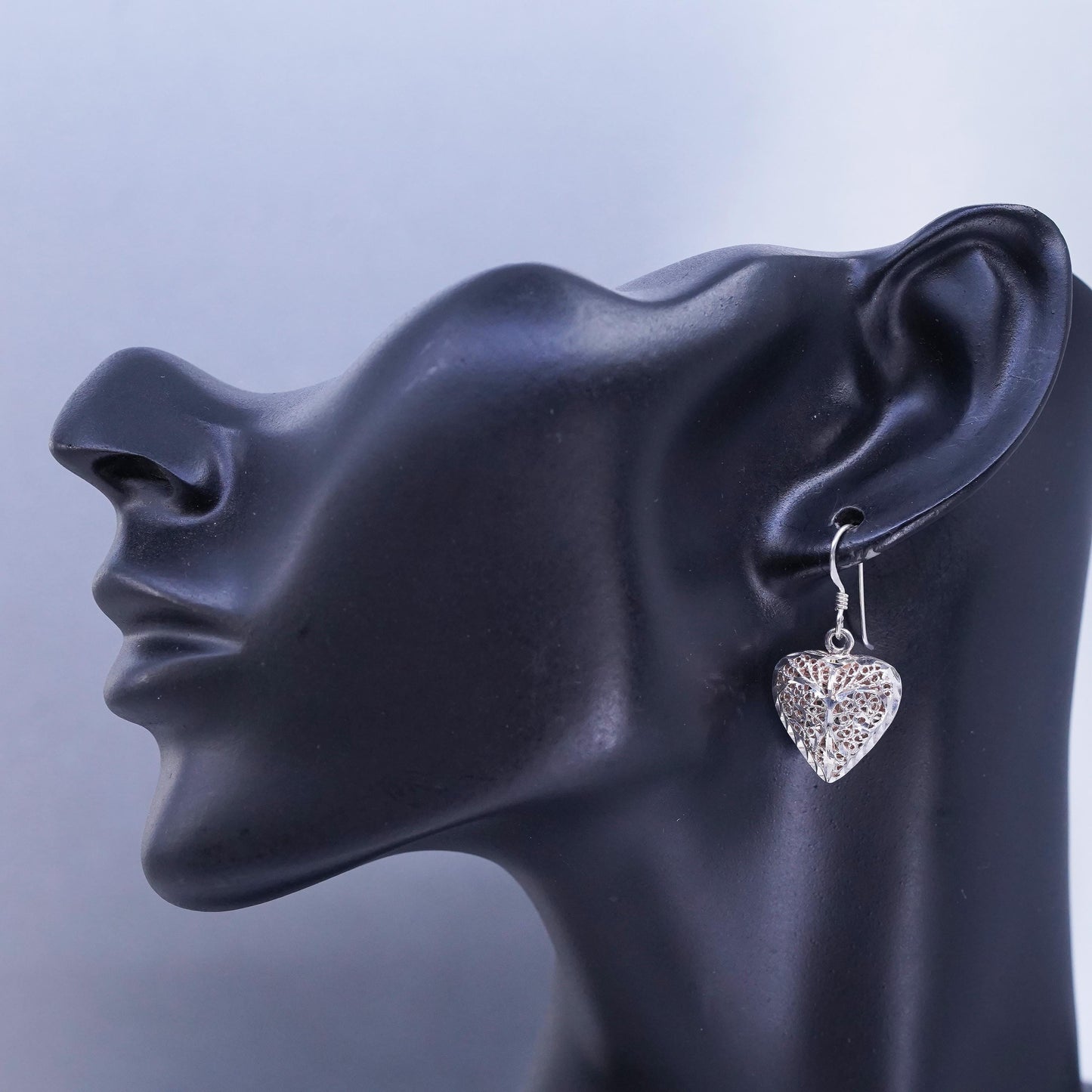 Vintage Sterling 925 silver handmade filigree puffy heart earrings