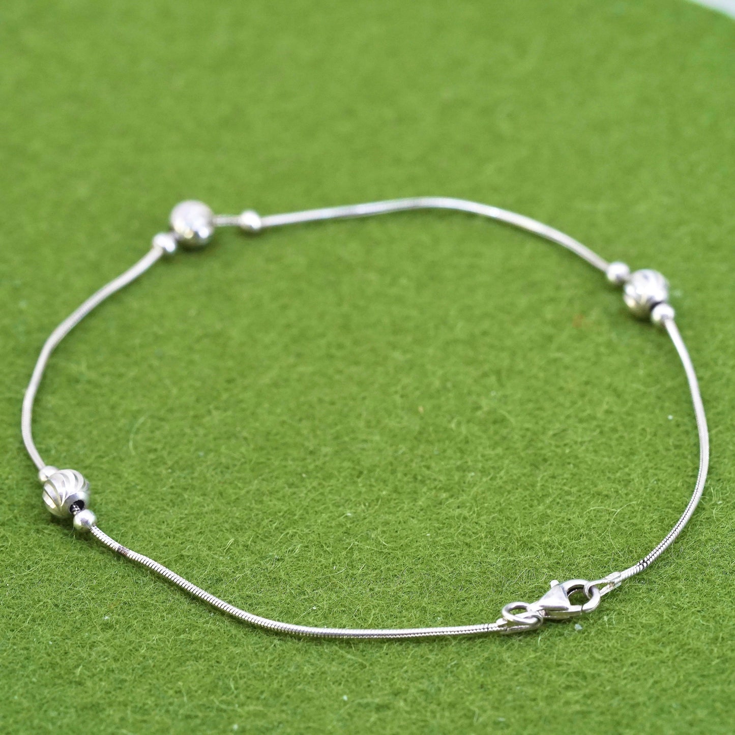 10.25”, Vintage sterling silver bracelet, 925 snake chain anklet with 5mm beads