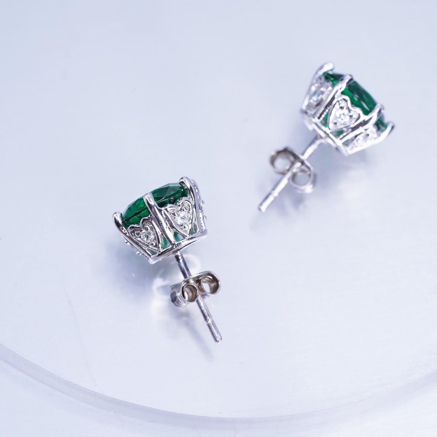 Vintage Sterling 925 silver handmade earrings, studs w/ emerald cz on the side