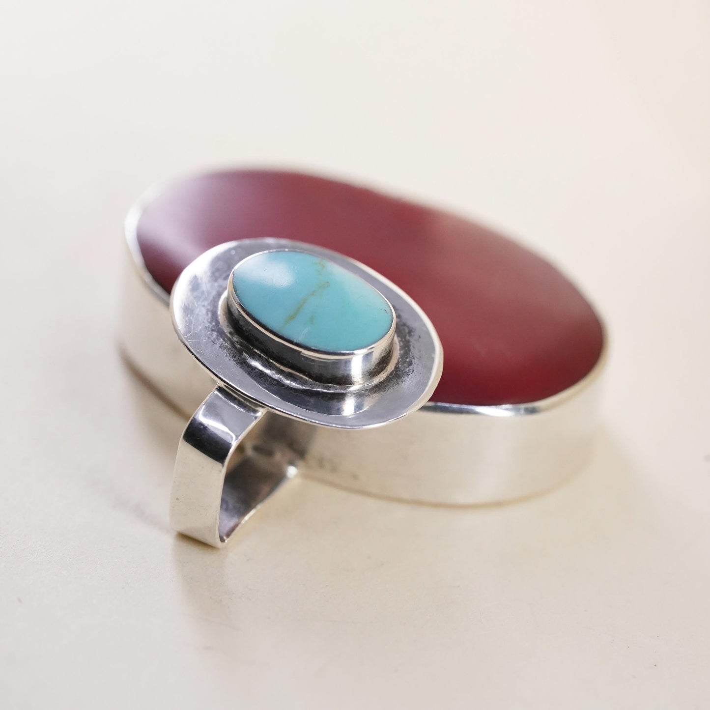 Vintage Mexican sterling silver pendant, double oval 925 onyx turquoise inlay
