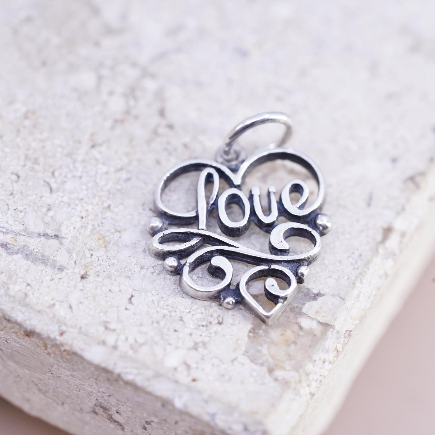 Vintage sterling silver handmade pendant, 925 heart charm "love"