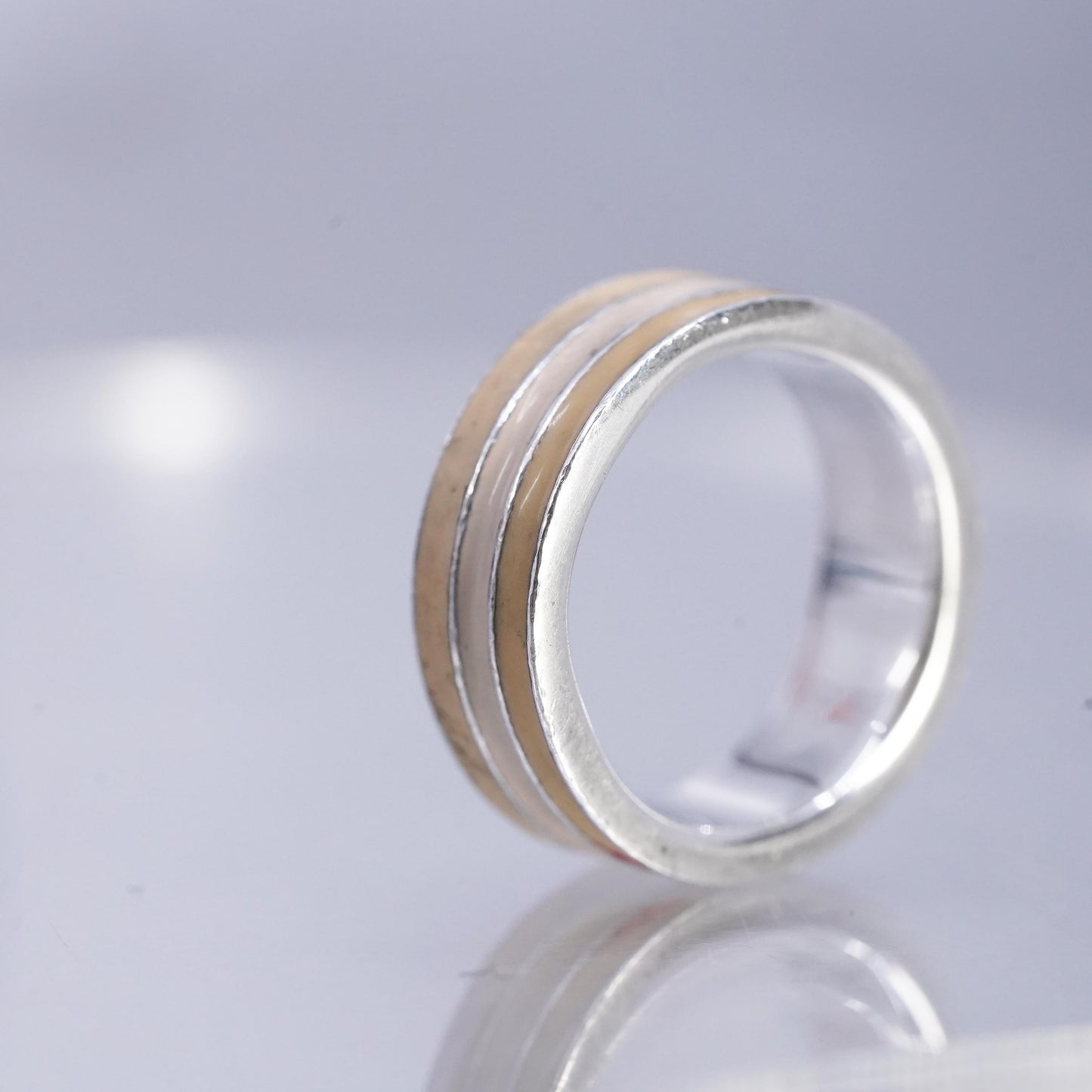 Size 6, vintage Sterling 925 silver handmade ring, ribbed yellow enamel band