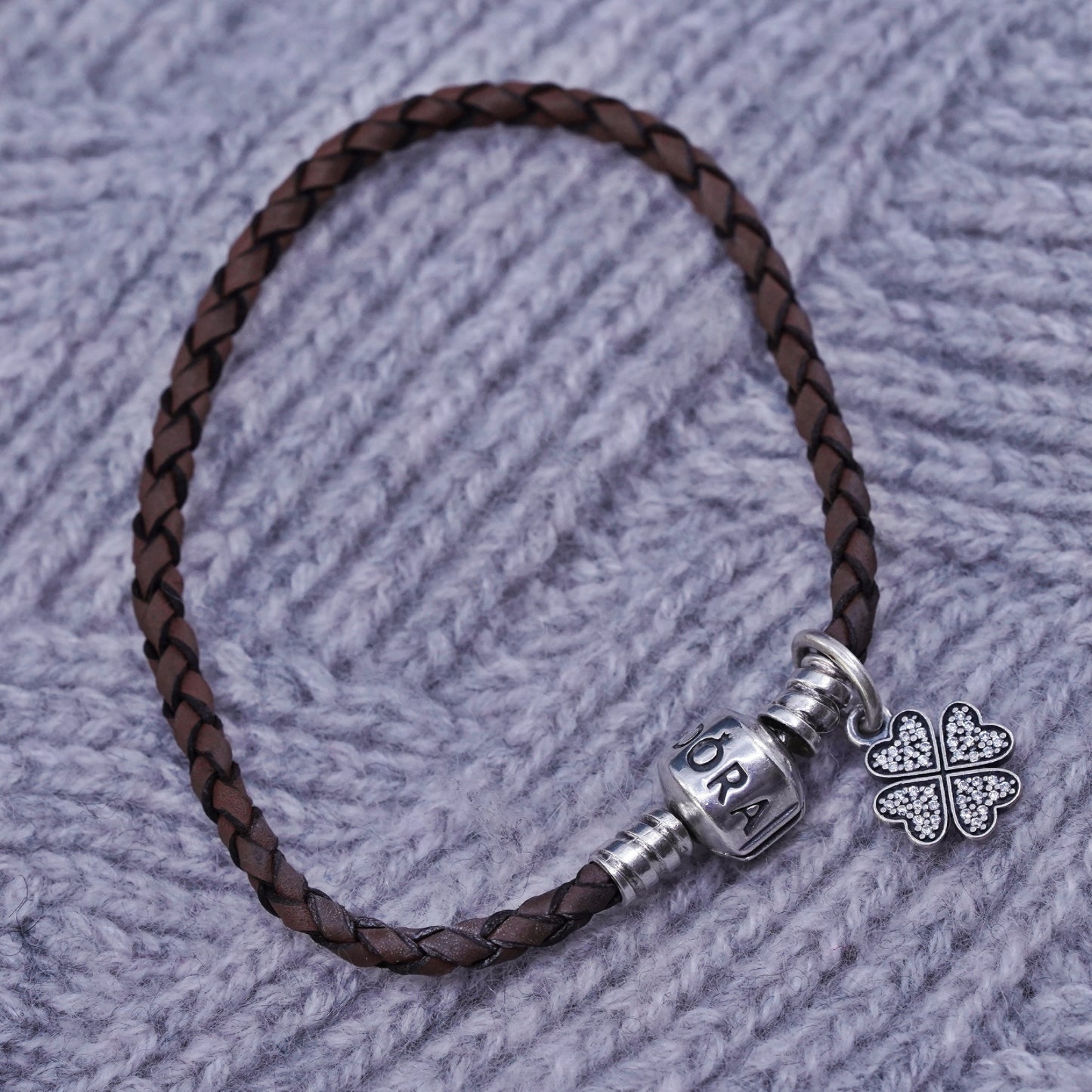 6.5", Pandora ALE sterling 925 silver woven leather chain bracelet lucky charm
