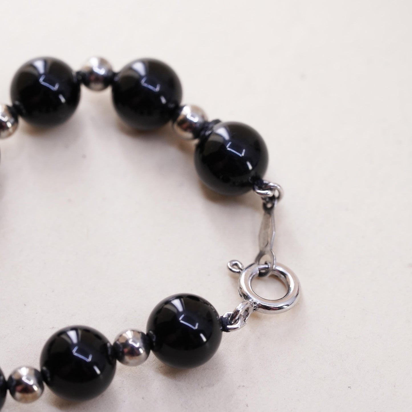 7” 7mm, Vintage Sterling 925 silver handmade bracelet with onyx beads