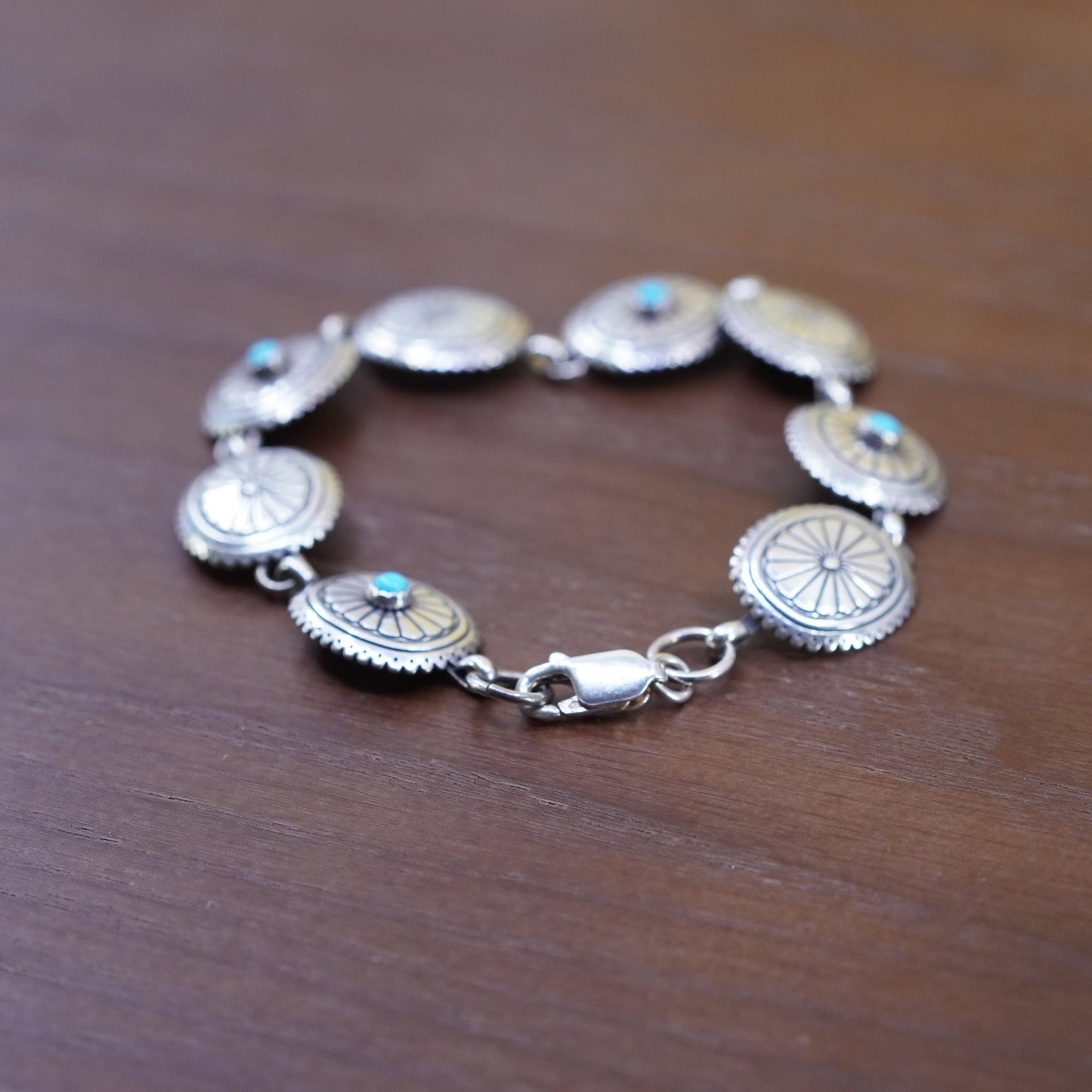 7.5”, native America Q.T. Quoc Turquoise sterling silver bracelet w/ turquoise