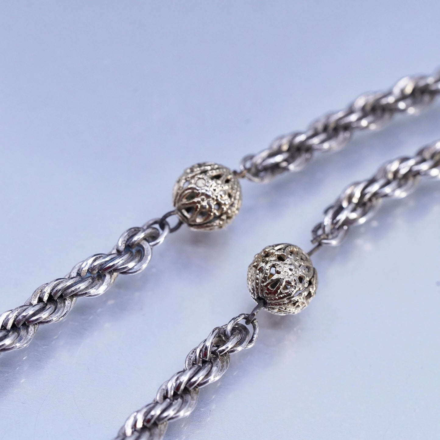 20" Italian Sterling 925 silver French rope necklace 14K gold filigree beads