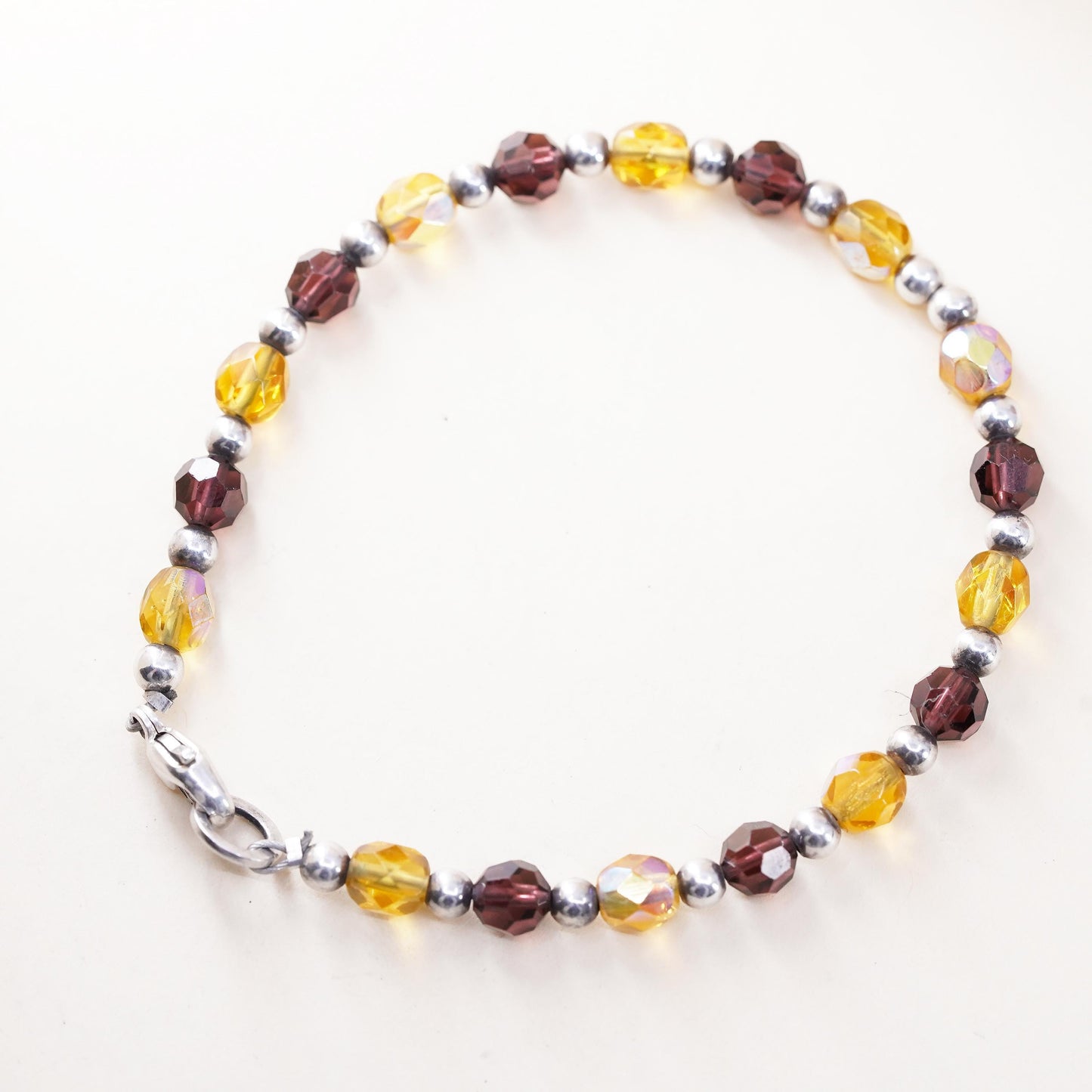 7.25”, vintage 925 Sterling silver handmade bracelet with garnet citrine beads