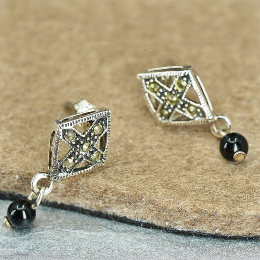 Vintage Sterling 925 silver handmade marcasite earrings with black onyx beads