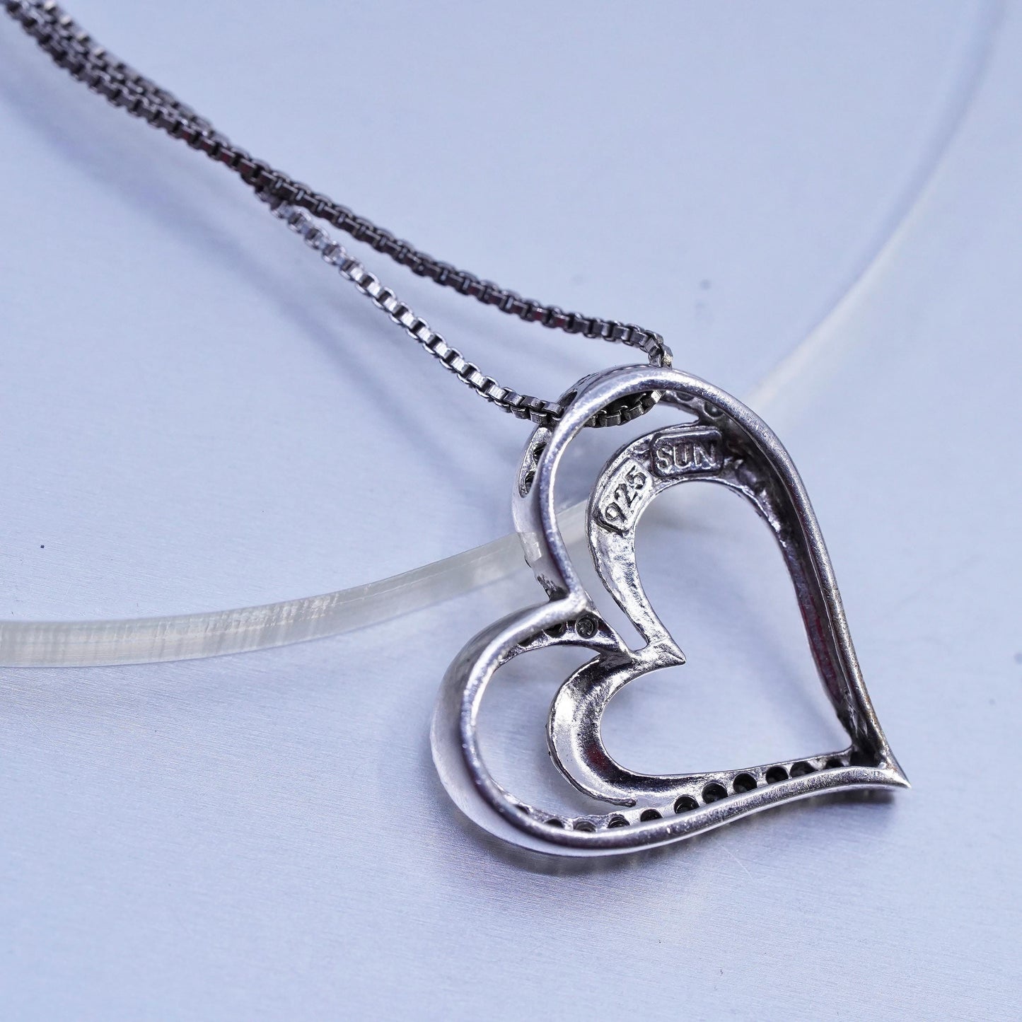 18", vintage Sterling 925 silver handmade box necklace diamond heart pendants