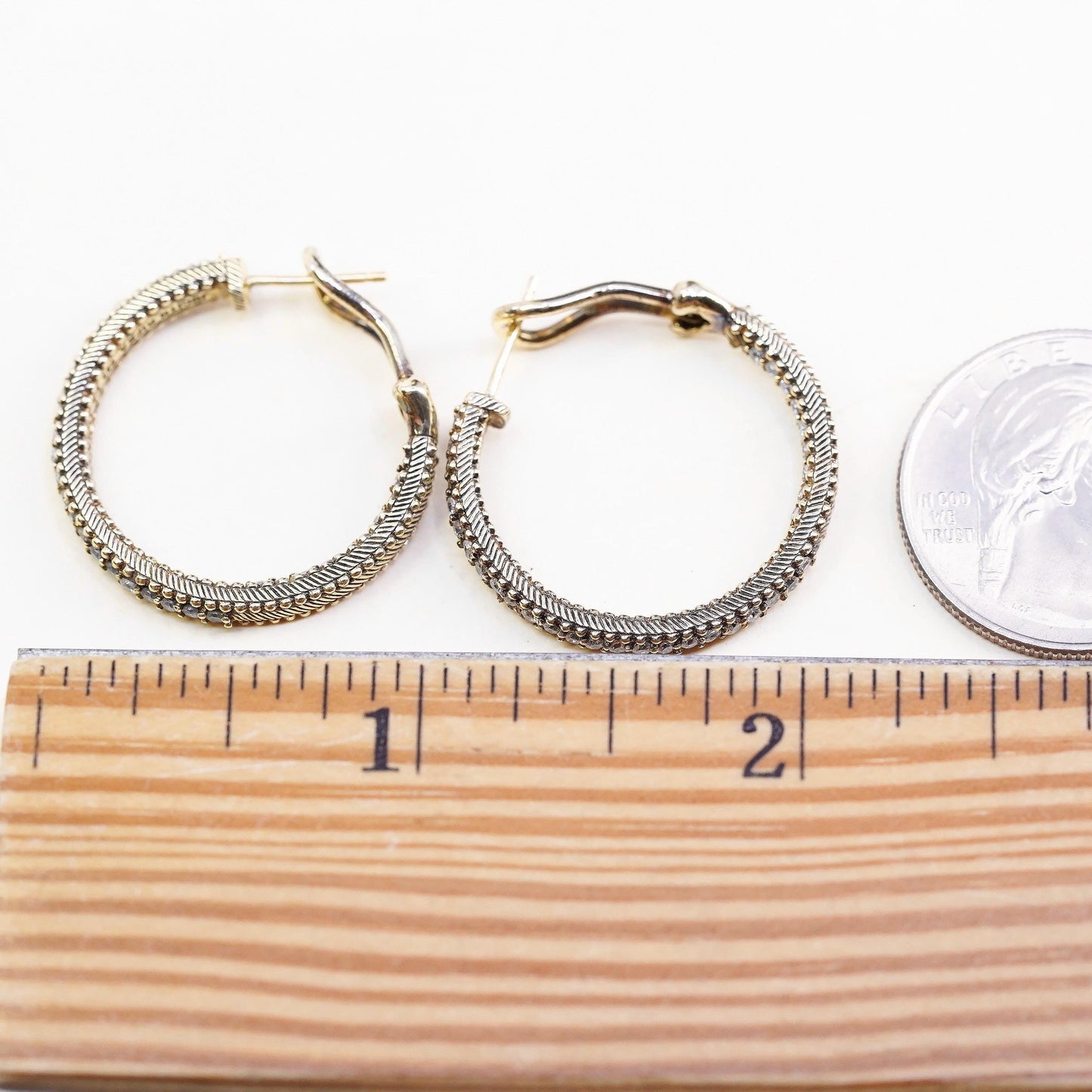 1", Judith Ripka gold plated sterling silver earrings, 925 textured hoops Cz