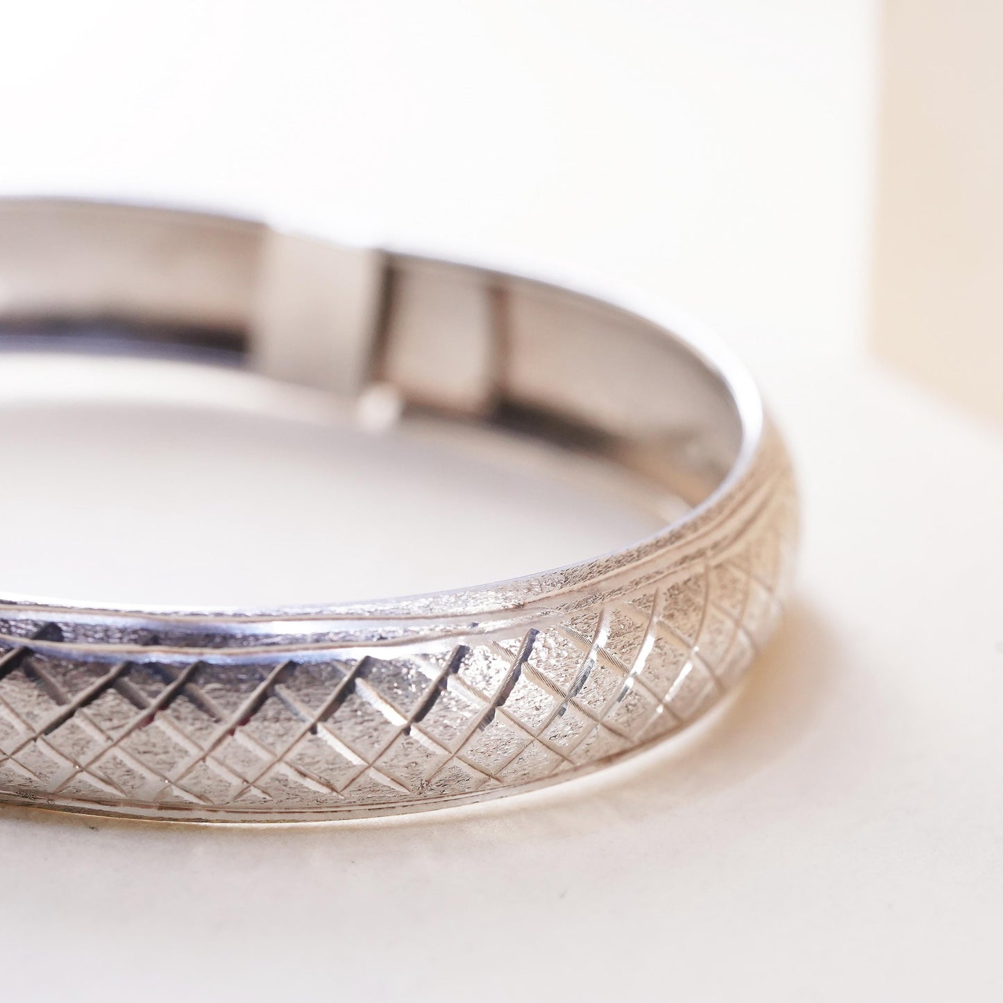7”, vintage Sterling silver bracelet, textured 925 bangle with latch closure