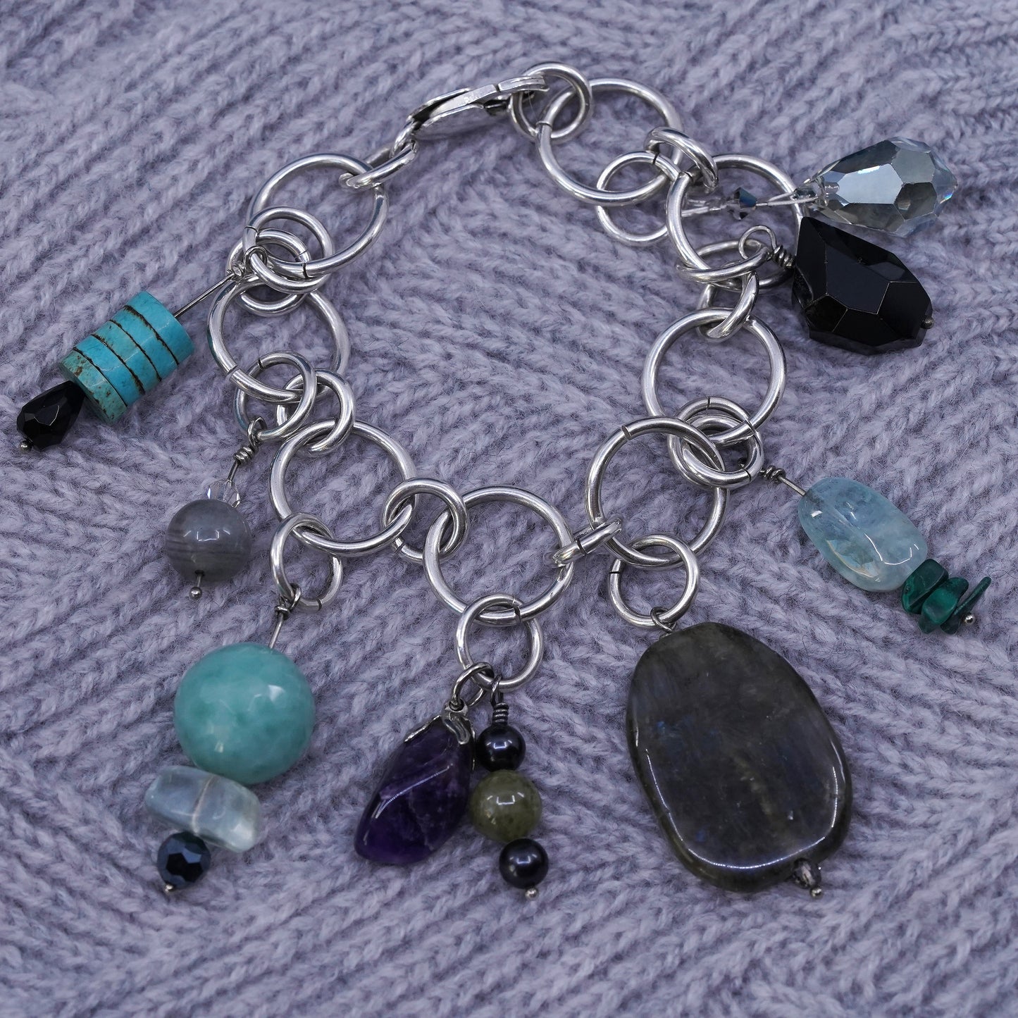 6.5", Sterling silver bracelet, 925 huge circle turquoise labradorite amethyst