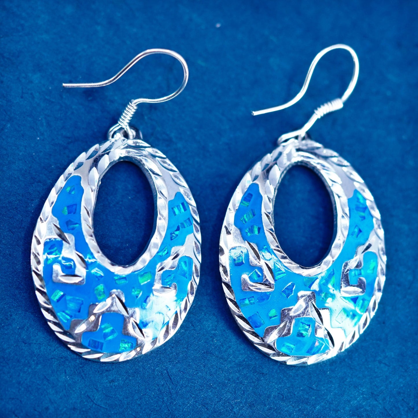 Vintage sterling 925 silver handmade oval earrings with fire opal inlay