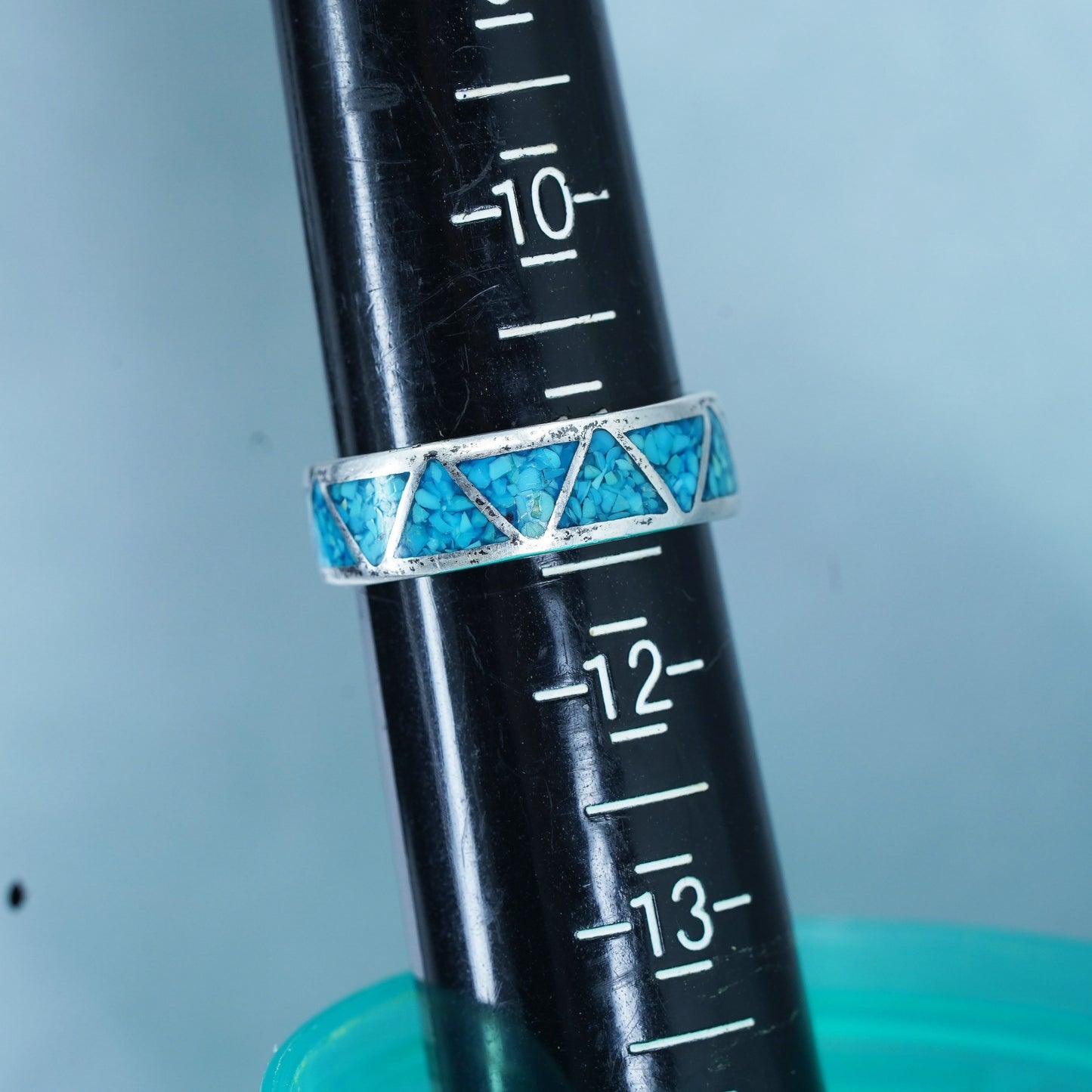 Size 11, Native American navajo Sterling 925 silver ring turquoise chips inlay