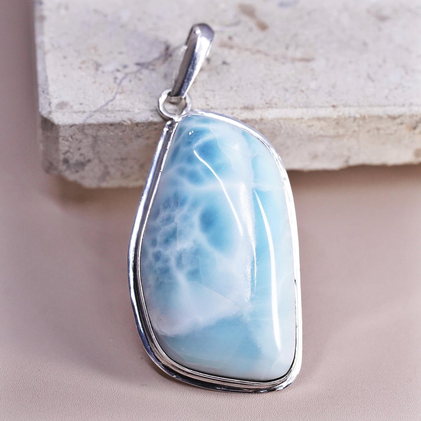 Vintage Sterling 925 Silver Handmade huge Pendant with larimar