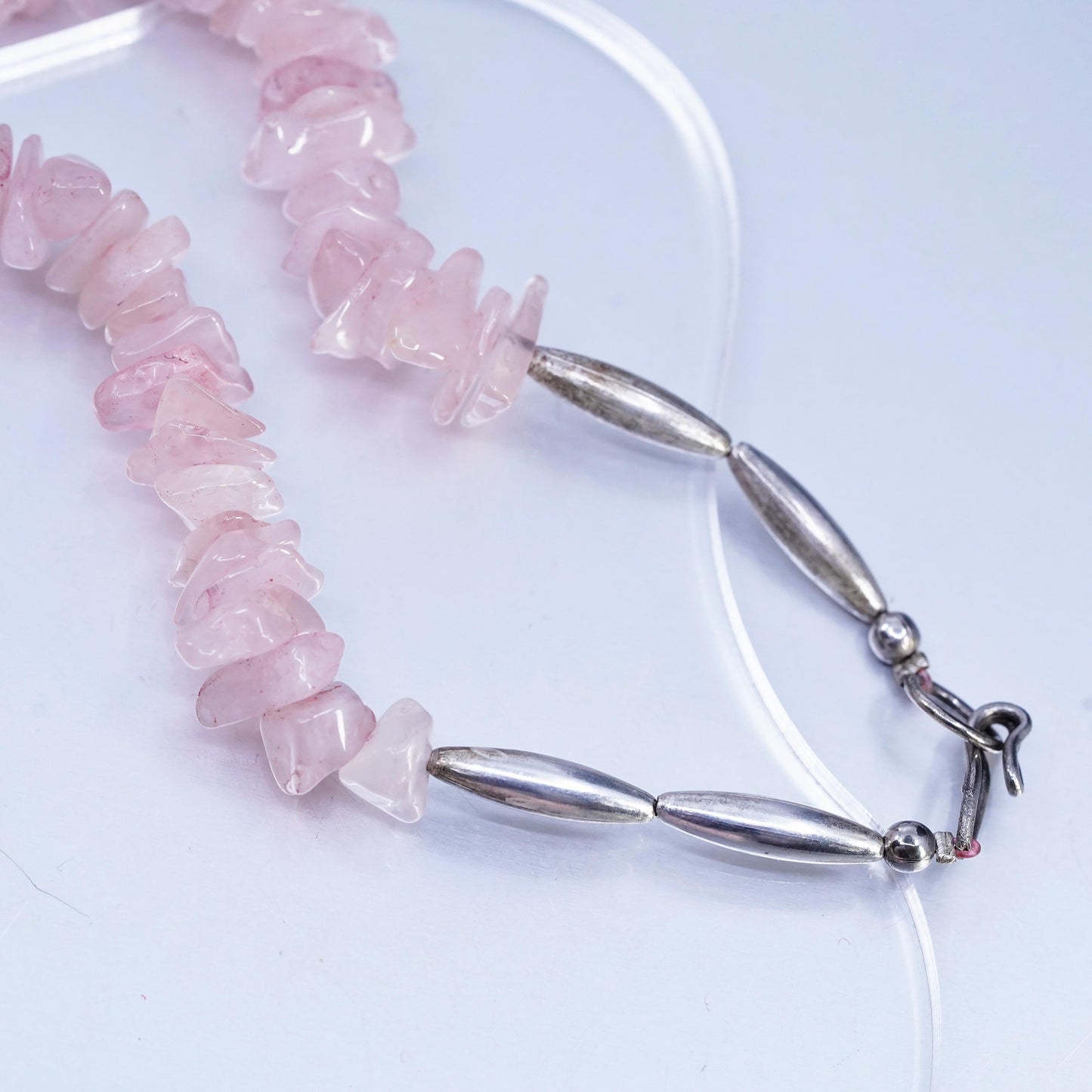 26" Vintage Sterling 925 silver necklace, Pink Quartz With Silver beads Detail