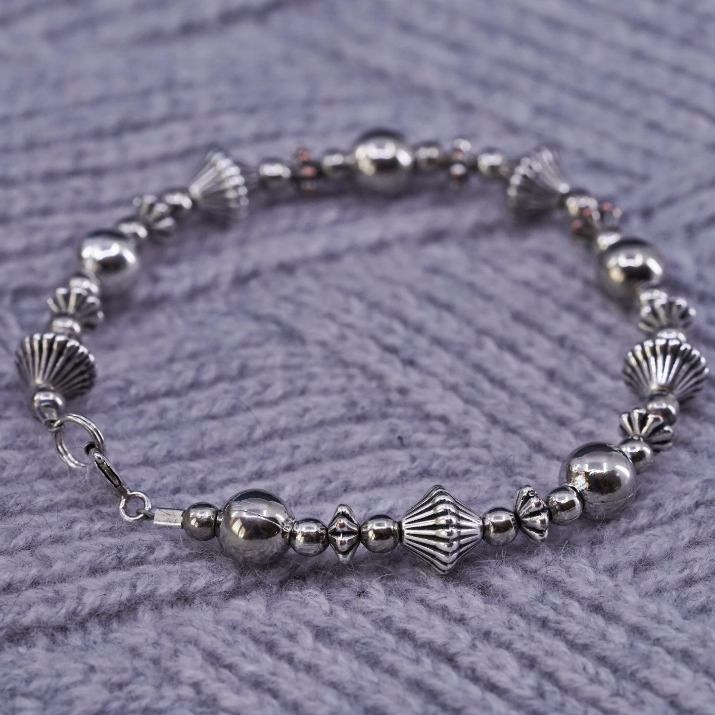 7.25", vintage silver tone handmade beaded bracelet