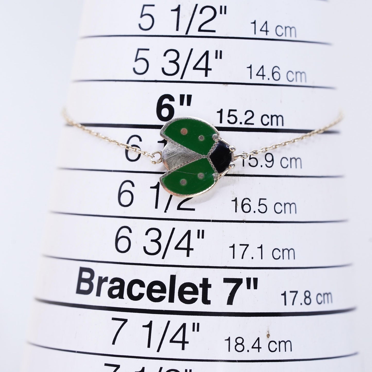 6.25”, vermeil gold over sterling silver bracelet, 925 circle enamel ladybug