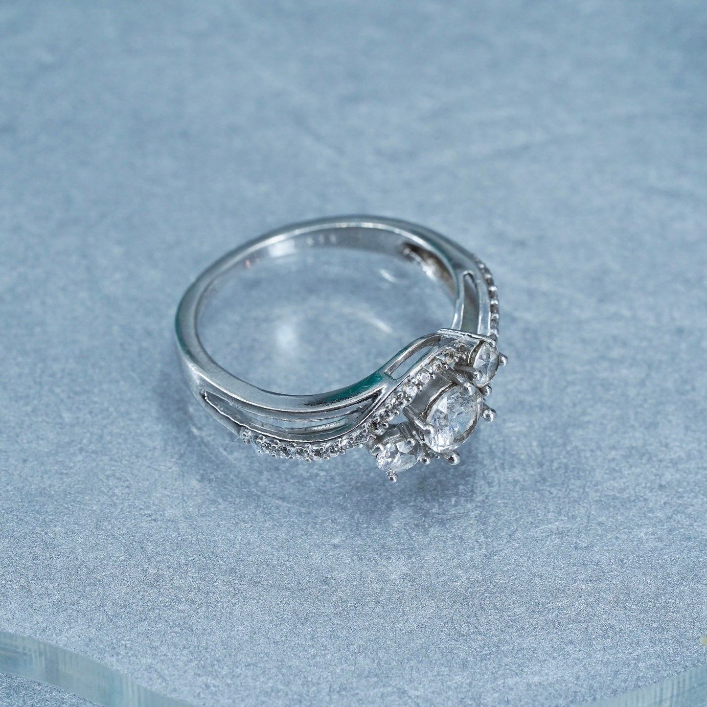 Size 7, vintage Sterling 925 silver handmade engagement ring with cluster Cz