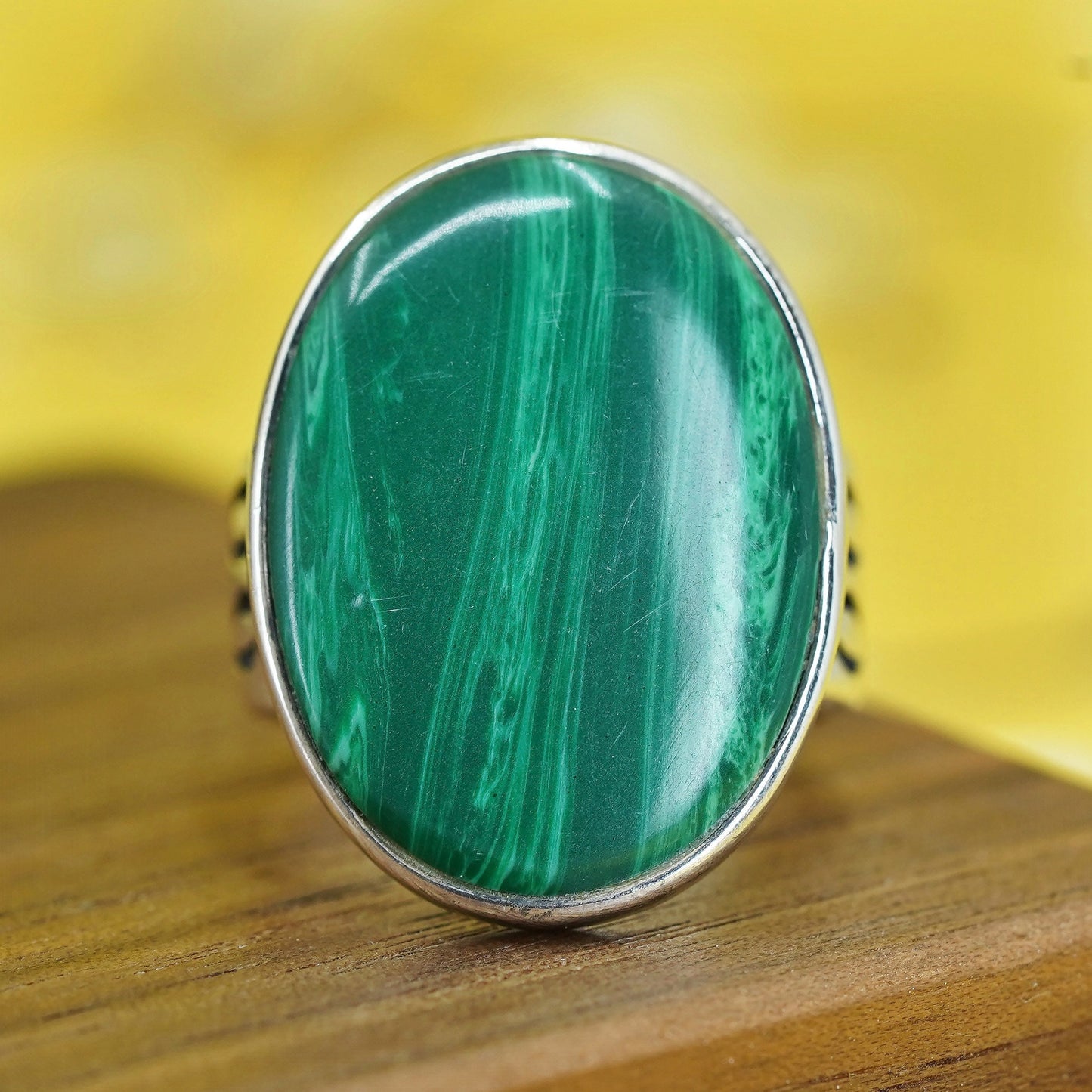 Size 7.75, Mexico Sterling 925 silver handmade ring band with oval malachite