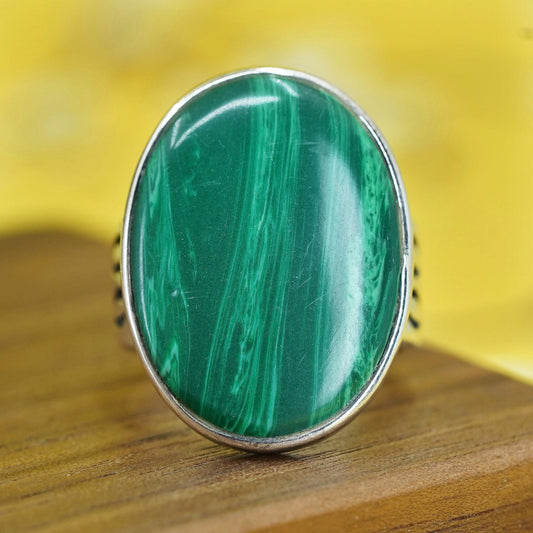 Size 7.75, Mexico Sterling 925 silver handmade ring band with oval malachite