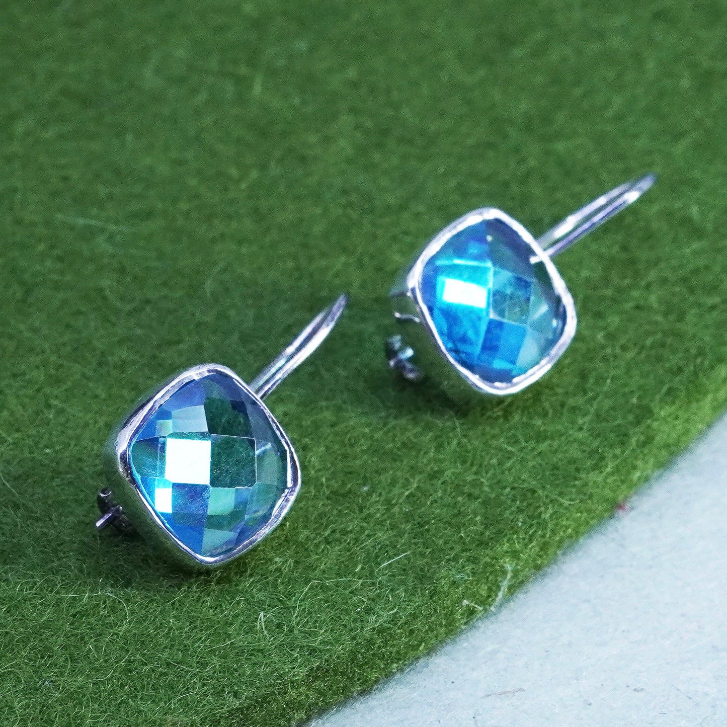 Vintage sterling silver 925 handmade earrings with checker cut blue topaz