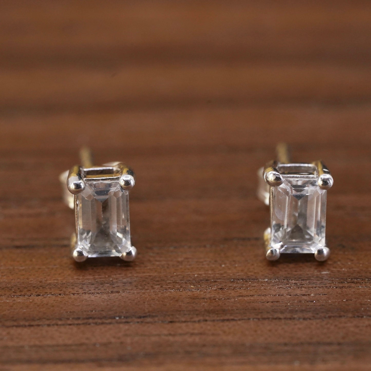 5mm, Vintage Sterling silver handmade earrings, 925 rectangular cz studs