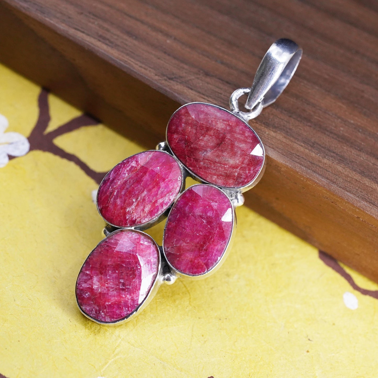 Vintage Sterling 925 silver handmade pendant with oval red Indian ruby stone